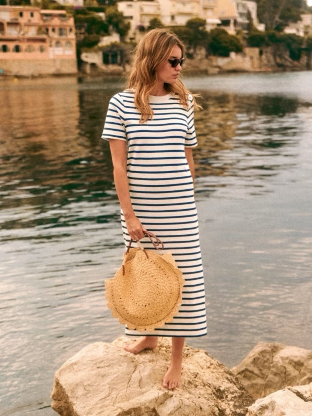Sezane EMY Navy and White Striped Midi Knit Dress XS
